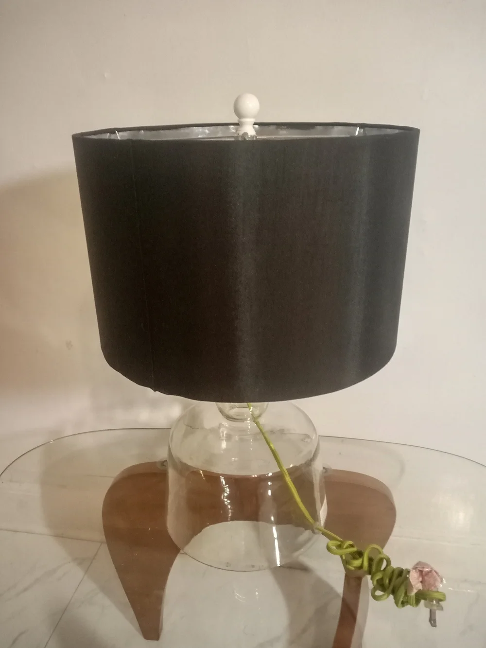 Glass Table Lamp with Black Drum Shade